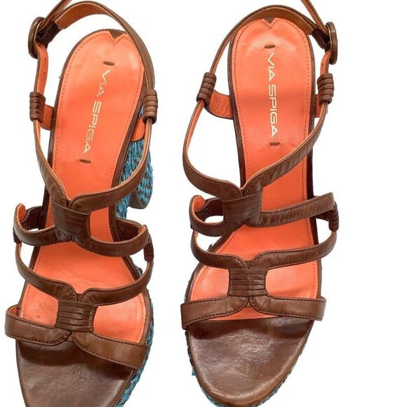 VIA SPIGA Cai Leather Platform Woven Wedge Sandals 41 9 Strappy Caged Blue Brown - Picture 6 of 10